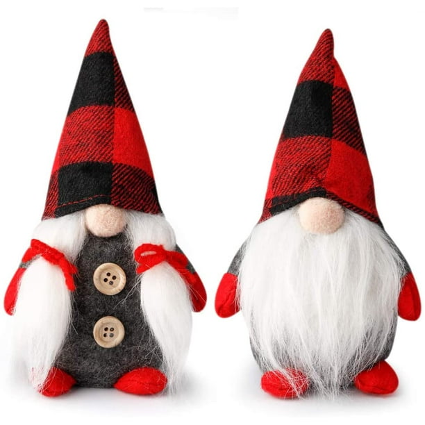 2PCS Christmas Gnomes Decorations Plush Handmade Stuffed Gnome Faceless Doll Scandinavian Swedish Tomte Gnome Ornaments Gift Plaid Gnome Red Hat Elf Doll Home Decor 